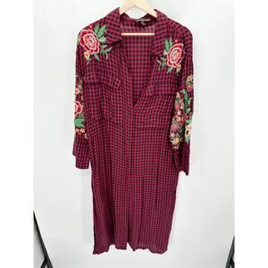 Zara Cardigan Women SMALL Red Navy Blue Plaid Button Front Maxi Dress Duster